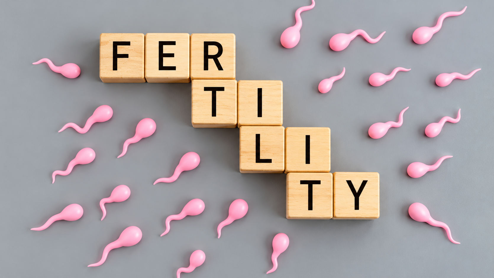 Wooden tiles spelling fertility surrounded by pink sperm shapes